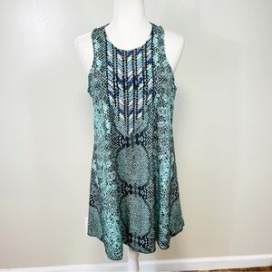 JUDITH MARCH Mint Green Reptile Print Embroidered Aztec Sleeveless Dress - LARGE